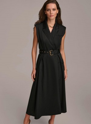 Black Donna Karan Belted Asymmetrical Dress | SG_DK70209