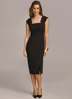 Black Donna Karan Cap Sleeve Square Neck Sheath With Slit Dress | SG_DK56694