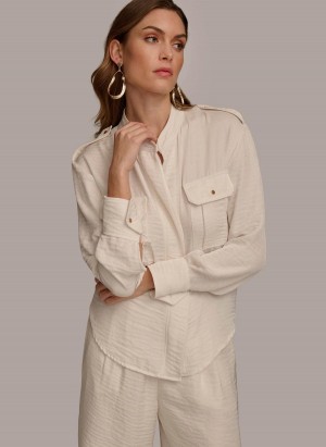 Cream Donna Karan Button Up With Pockets Sweaters and Tops | SG_DK10983