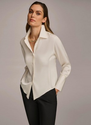 Cream Donna Karan Collared Button Down Blouse Sweaters and Tops | SG_DK50671