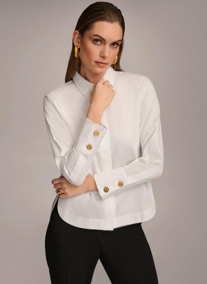 White Donna Karan Cotton Collared Button Down Sweaters and Tops | SG_DK45606