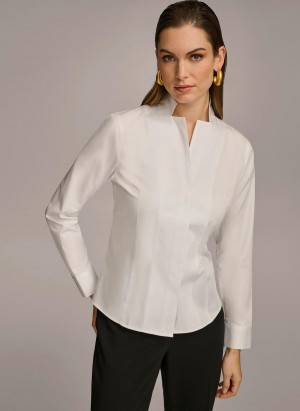 White Donna Karan Cotton Notch Collar Button Down Sweaters and Tops | SG_DK61957