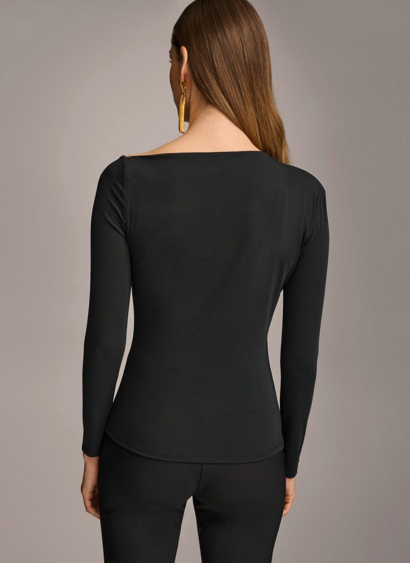 Black Donna Karan Asymmetrical Neckline Fitted Sweaters and Tops | SG_DK54541