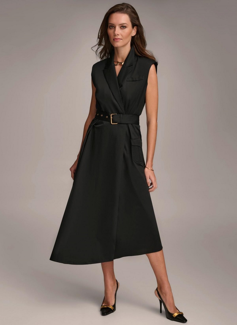 Black Donna Karan Belted Asymmetrical Dress | SG_DK70209