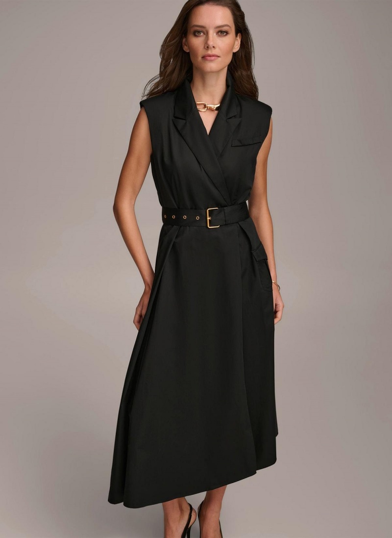 Black Donna Karan Belted Asymmetrical Dress | SG_DK70209