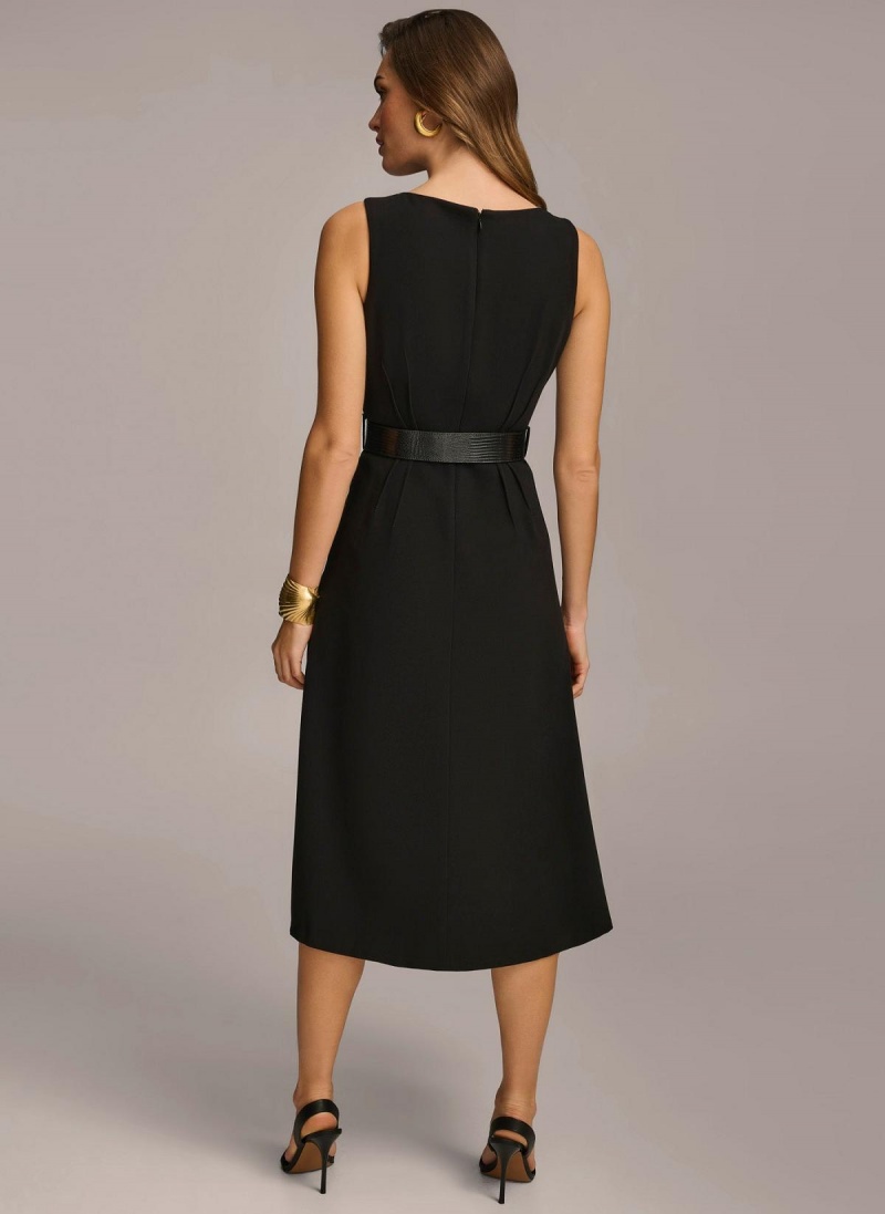 Black Donna Karan Belted Midi Dress | SG_DK22390