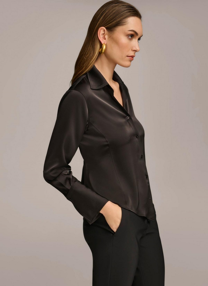 Black Donna Karan Collared Button Down Blouse Sweaters and Tops | SG_DK42126