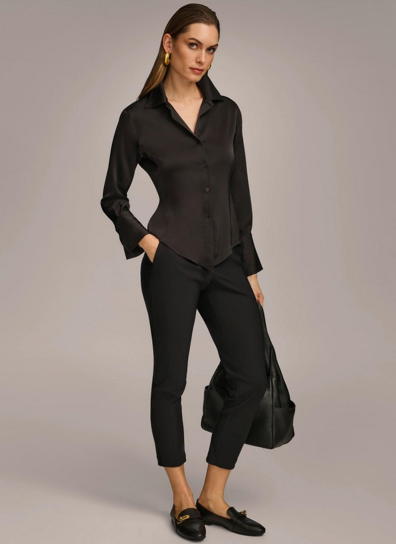 Black Donna Karan Collared Button Down Blouse Sweaters and Tops | SG_DK42126