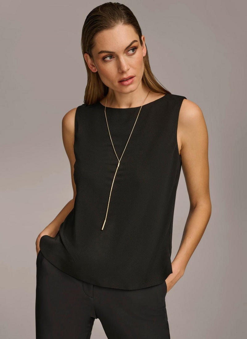 Black Donna Karan Crew Neck Layering Knit Sweaters and Tops | SG_DK69441