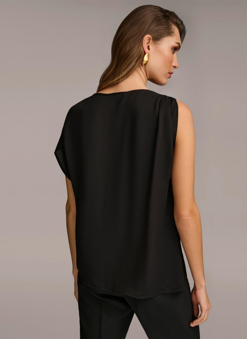 Black Donna Karan Gathered Hardware Shoulder Sweaters and Tops | SG_DK85089