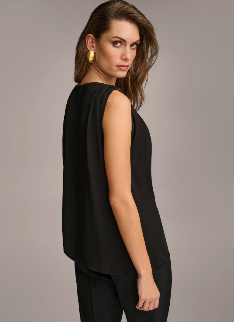 Black Donna Karan Gathered Hardware Shoulder Sweaters and Tops | SG_DK85089