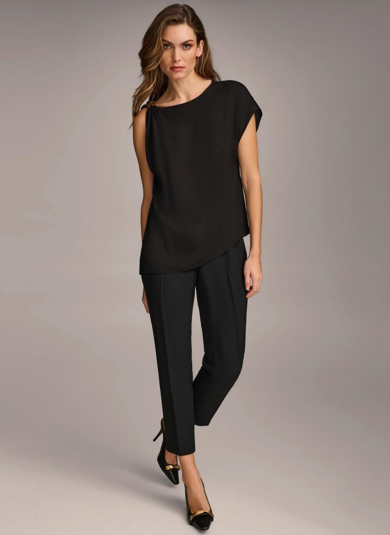 Black Donna Karan Gathered Hardware Shoulder Sweaters and Tops | SG_DK85089