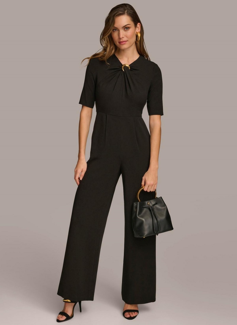 Black Donna Karan Half Sleeve Twist Neck Jumpsuit | SG_DK82949