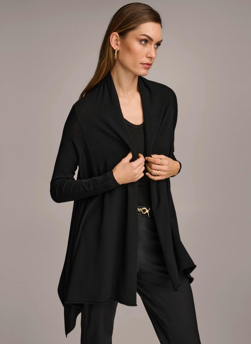 Black Donna Karan Long Sleeve Drape Cardigan Sweaters and Tops | SG_DK70440