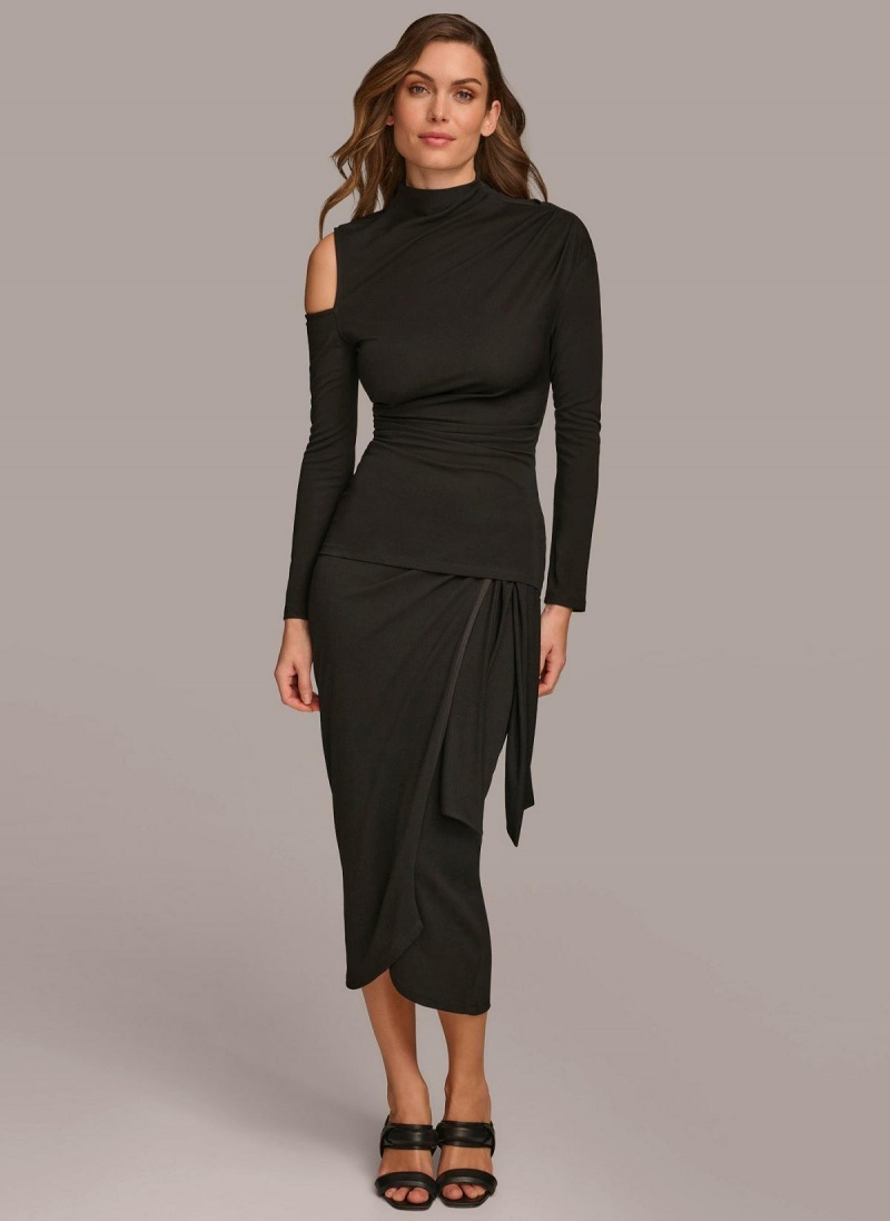 Black Donna Karan Mock Neck With Cold Shoulder Sweaters and Tops | SG_DK14803