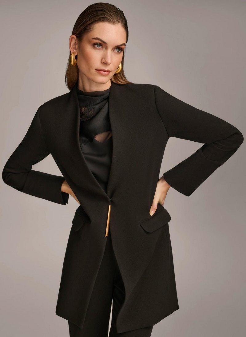 Black Donna Karan One Button Collarless Topper Jacket | SG_DK50369