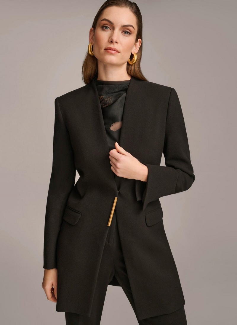 Black Donna Karan One Button Collarless Topper Jacket | SG_DK50369