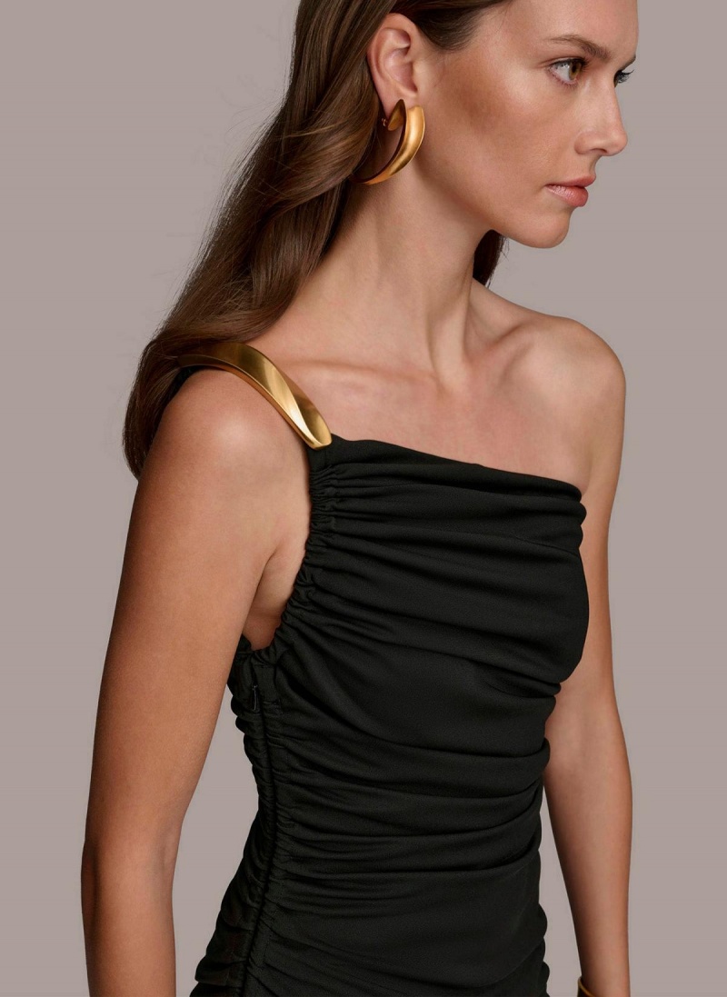 Black Donna Karan One Shoulder Ruched Dress | SG_DK75931