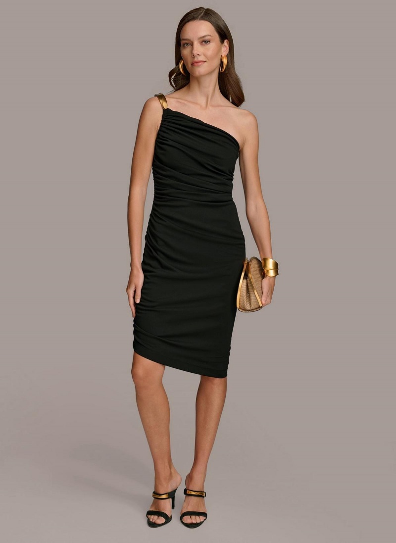 Black Donna Karan One Shoulder Ruched Dress | SG_DK75931