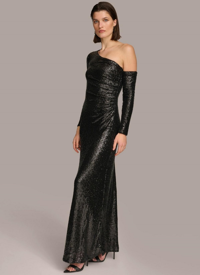 Black Donna Karan One Shoulder Sequin Dress | SG_DK61945