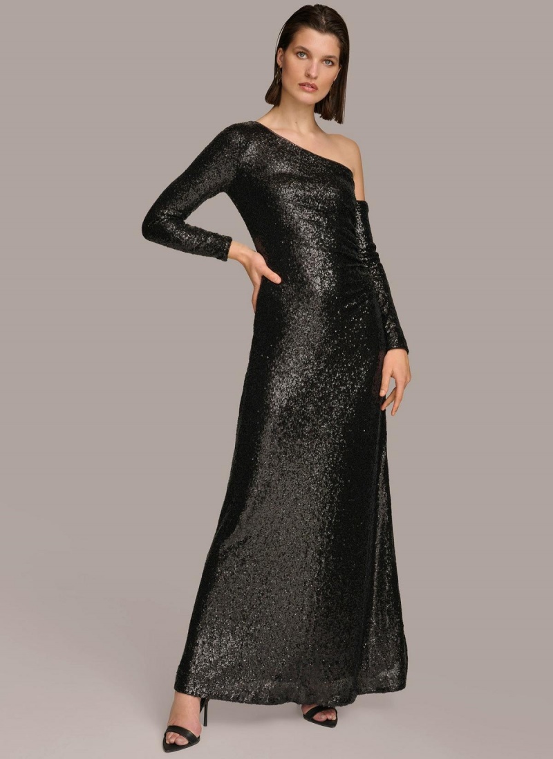 Black Donna Karan One Shoulder Sequin Dress | SG_DK61945