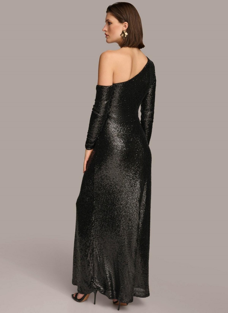 Black Donna Karan One Shoulder Sequin Dress | SG_DK61945