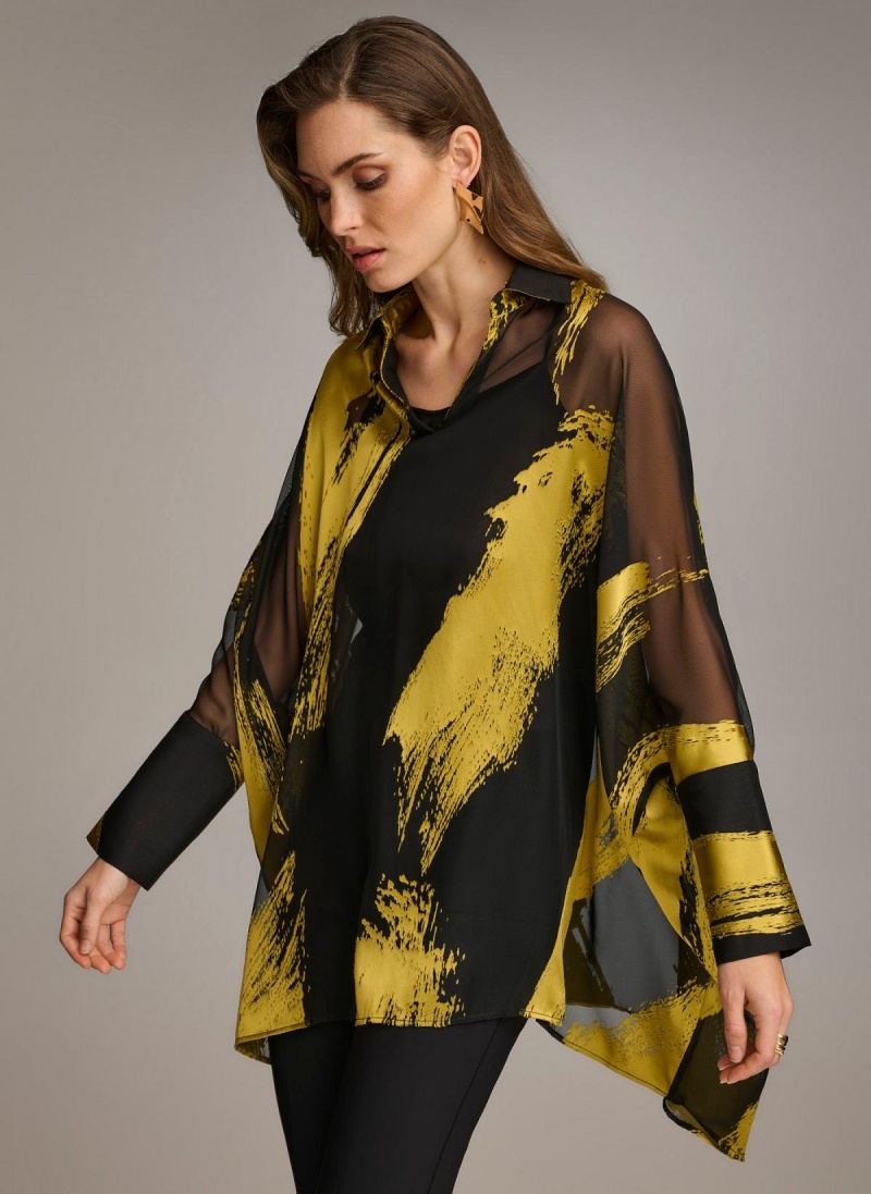 Black Donna Karan Print Collared Tunic Sweaters and Tops | SG_DK64549