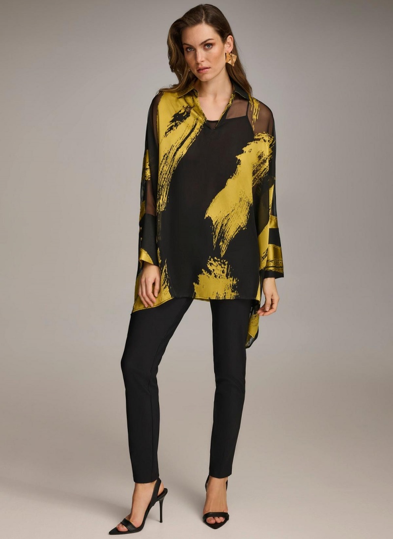 Black Donna Karan Print Collared Tunic Sweaters and Tops | SG_DK64549