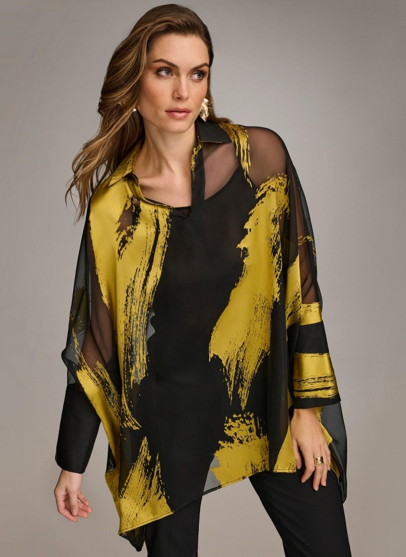 Black Donna Karan Print Collared Tunic Sweaters and Tops | SG_DK64549