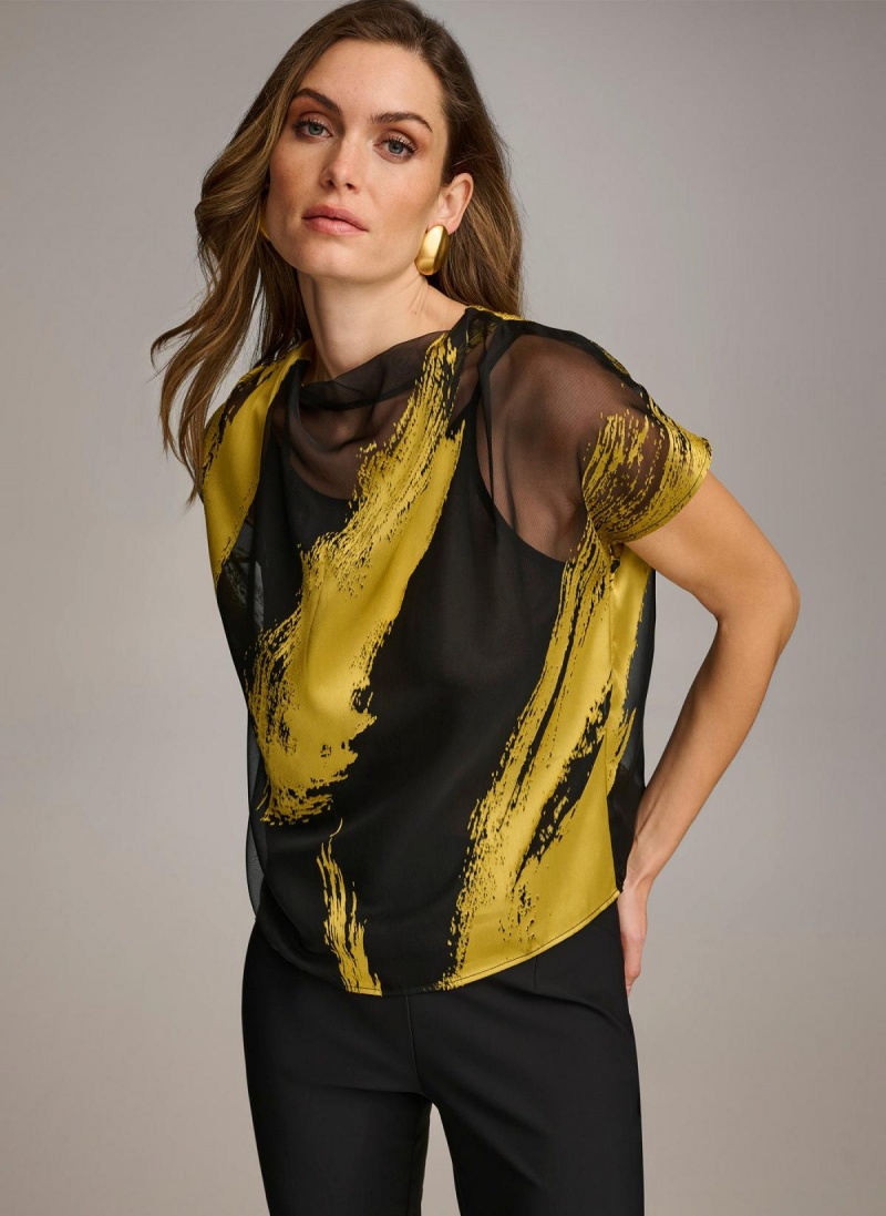 Black Donna Karan Print Cowl Neck Sweaters and Tops | SG_DK85970