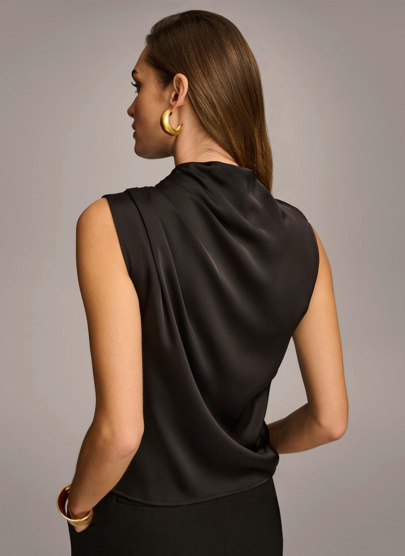 Black Donna Karan Sleeveless Draped Mockneck Sweaters and Tops | SG_DK49696