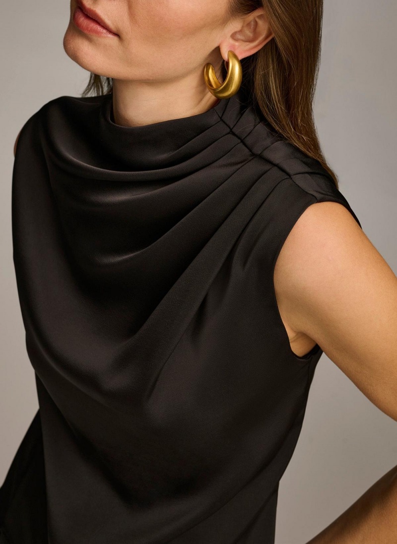 Black Donna Karan Sleeveless Draped Mockneck Sweaters and Tops | SG_DK49696