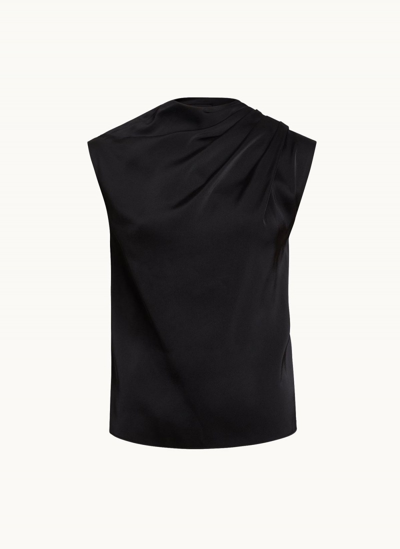 Black Donna Karan Sleeveless Draped Mockneck Sweaters and Tops | SG_DK49696