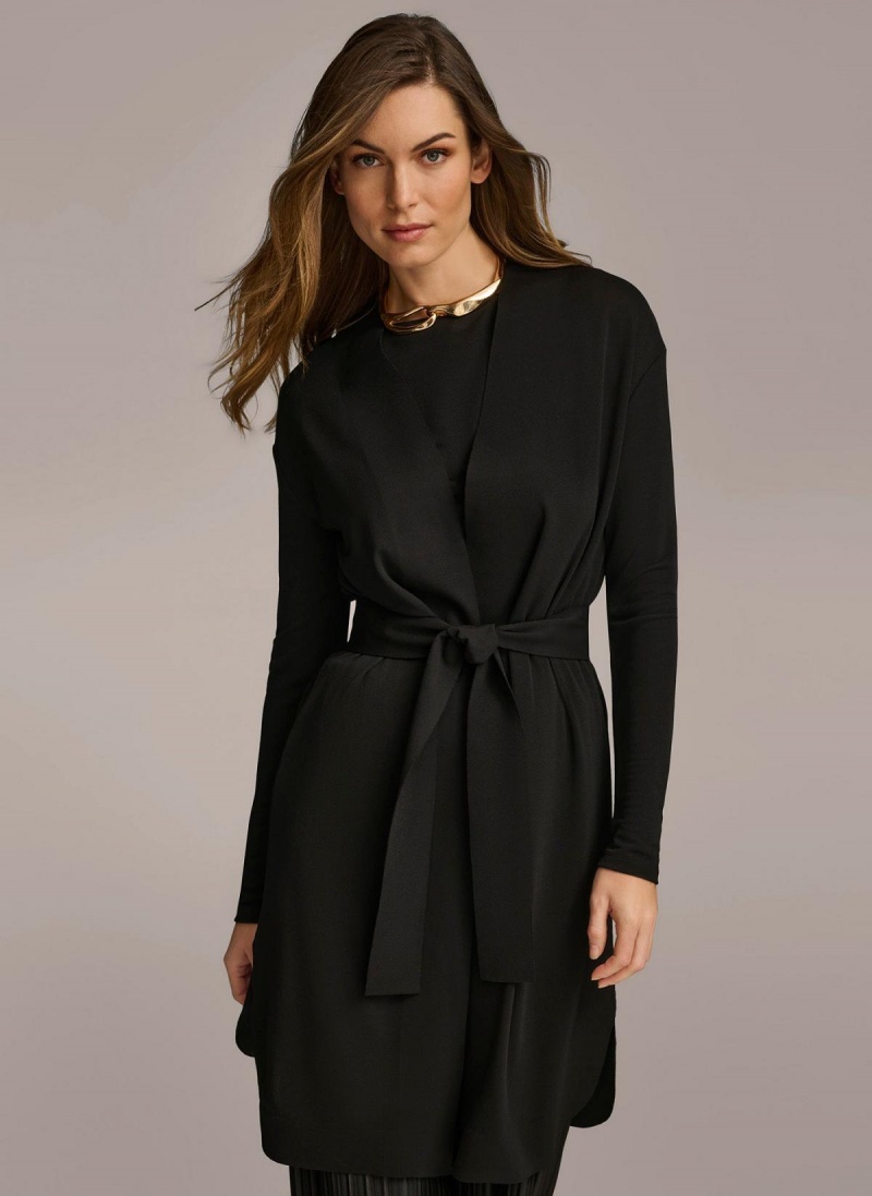 Black Donna Karan Tie Waist Cardigan Sweaters and Tops | SG_DK95507