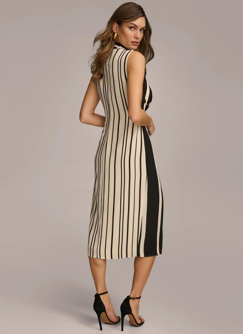 Black Donna Karan V Neck Striped Midi Dress | SG_DK19499