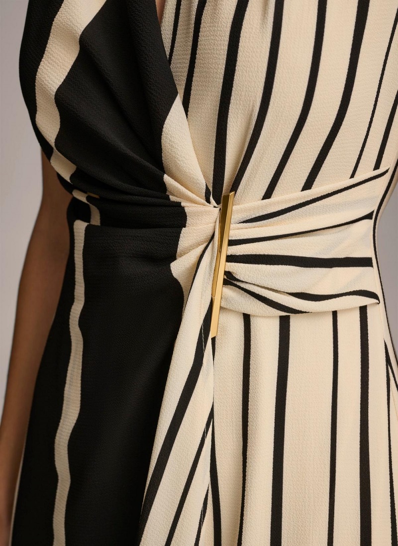 Black Donna Karan V Neck Striped Midi Dress | SG_DK19499