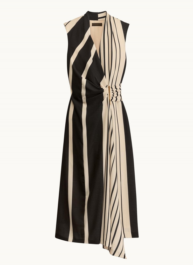 Black Donna Karan V Neck Striped Midi Dress | SG_DK19499