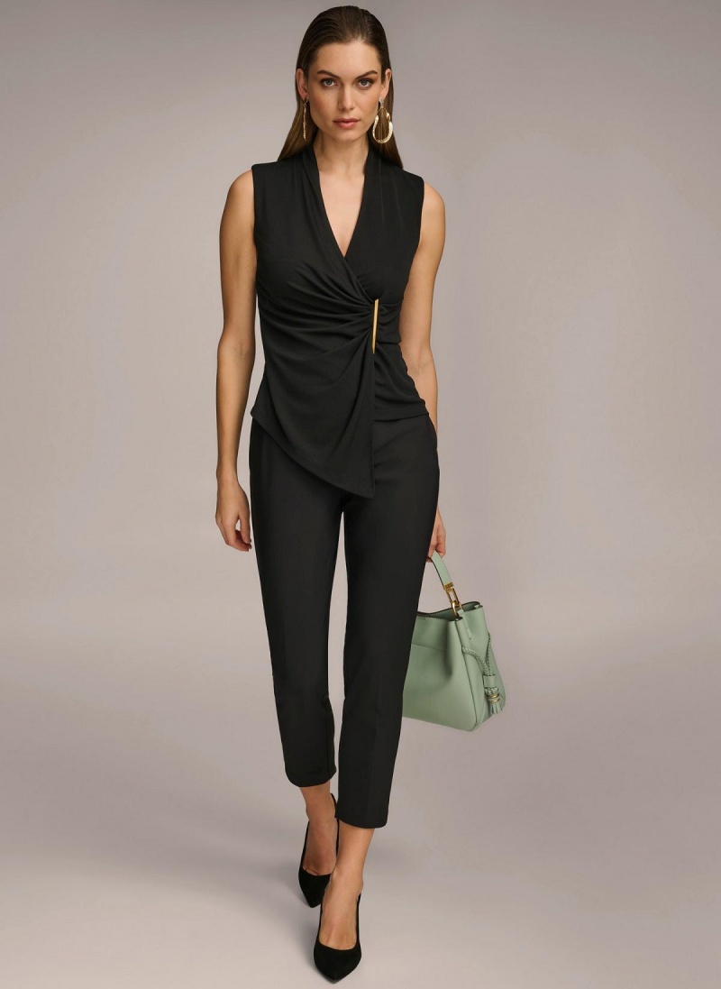 Black Donna Karan V-neck With Hardware And Ruched Detail Sweaters and Tops | SG_DK27439