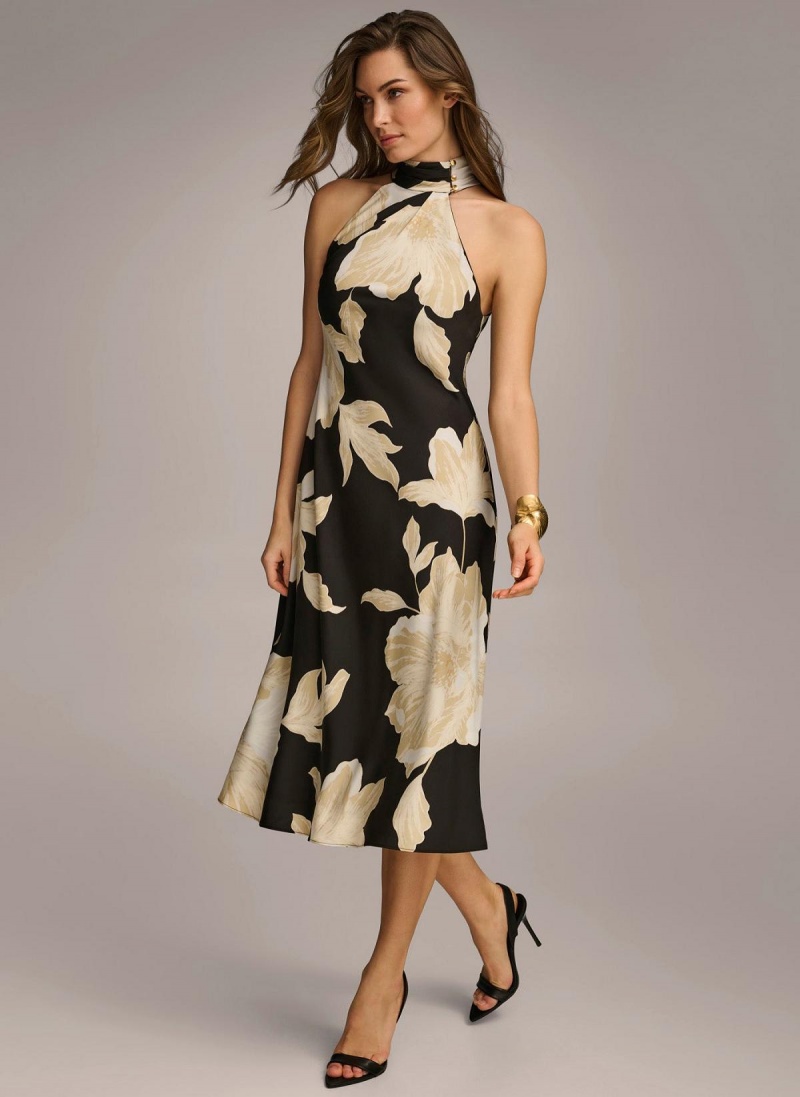 Black / Cream Donna Karan Halter Floral Print Midi Dress | SG_DK18742