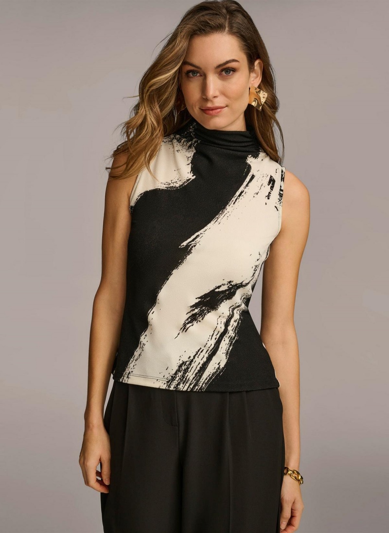 Black / Cream Donna Karan Sleeveless Mockneck Sweaters and Tops | SG_DK24112