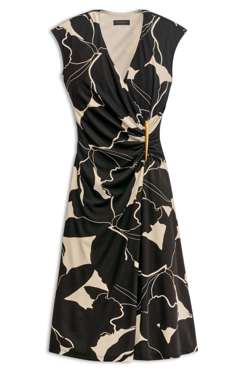 Black / Cream Donna Karan Vneck Midi Dress | SG_DK87027