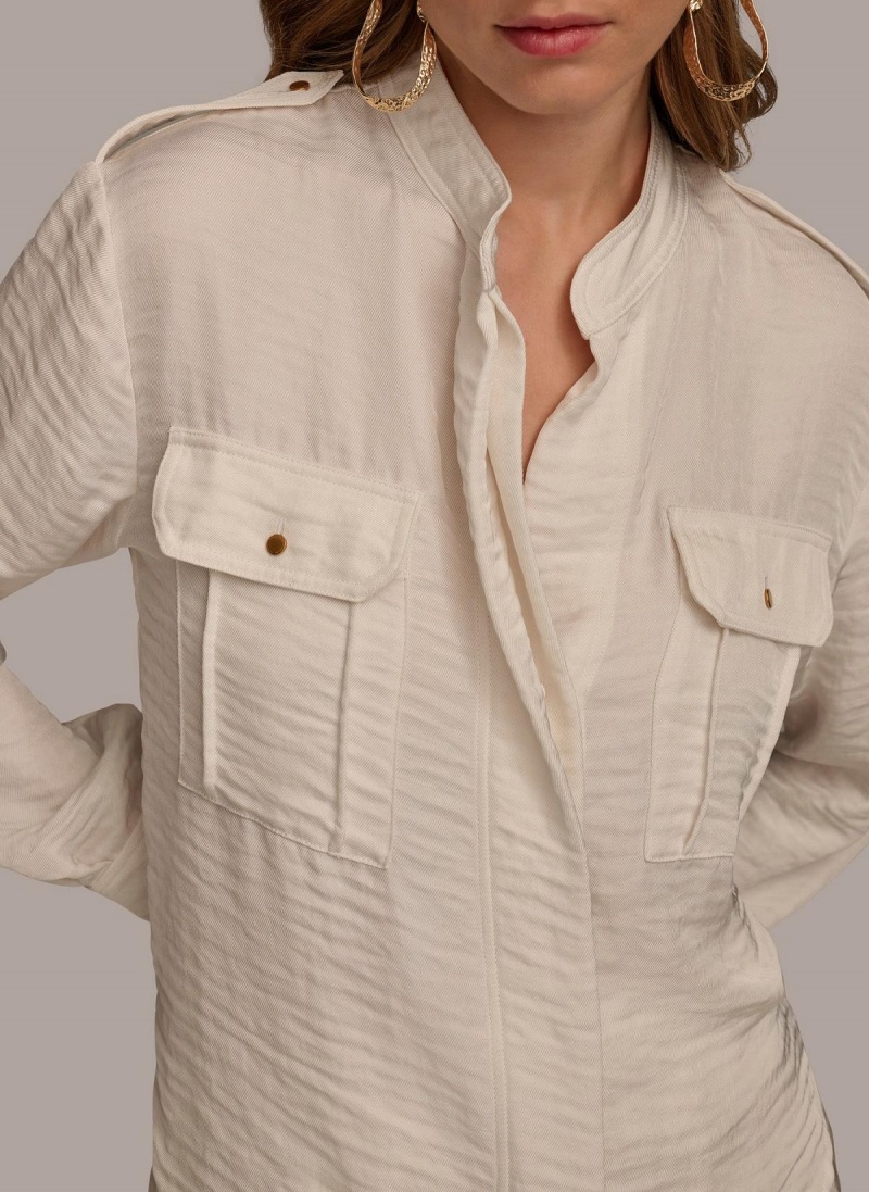 Cream Donna Karan Button Up With Pockets Sweaters and Tops | SG_DK10983