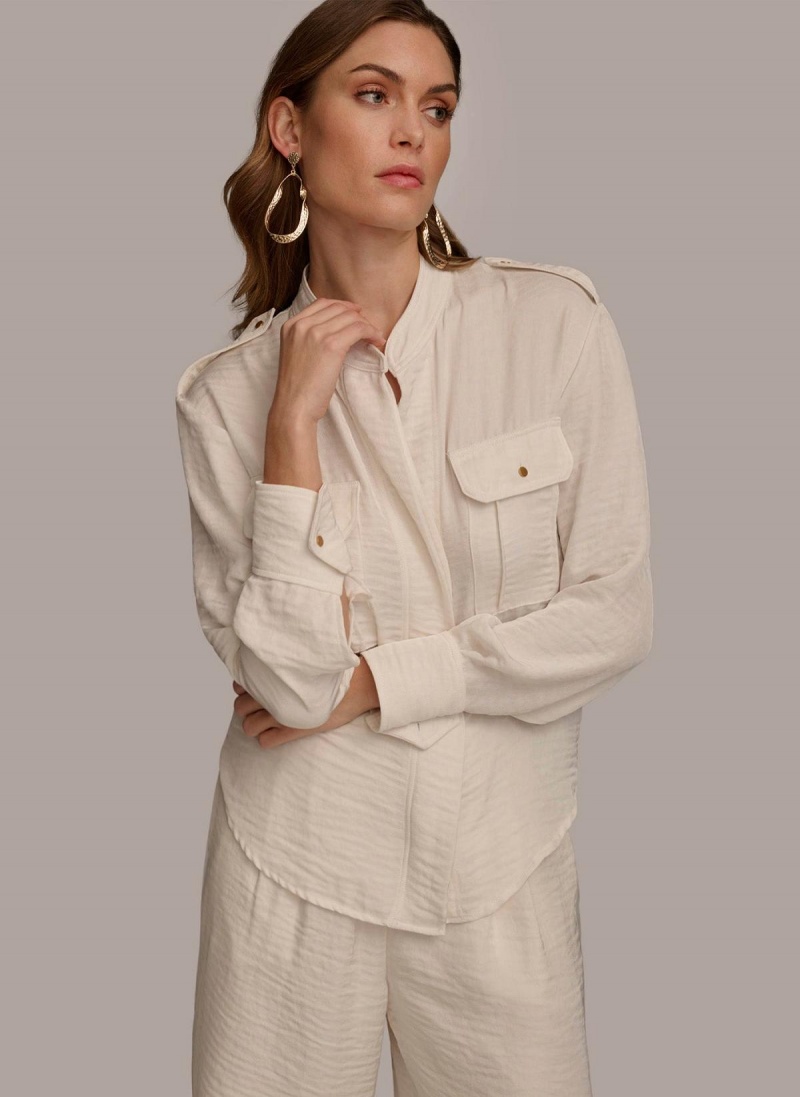 Cream Donna Karan Button Up With Pockets Sweaters and Tops | SG_DK10983