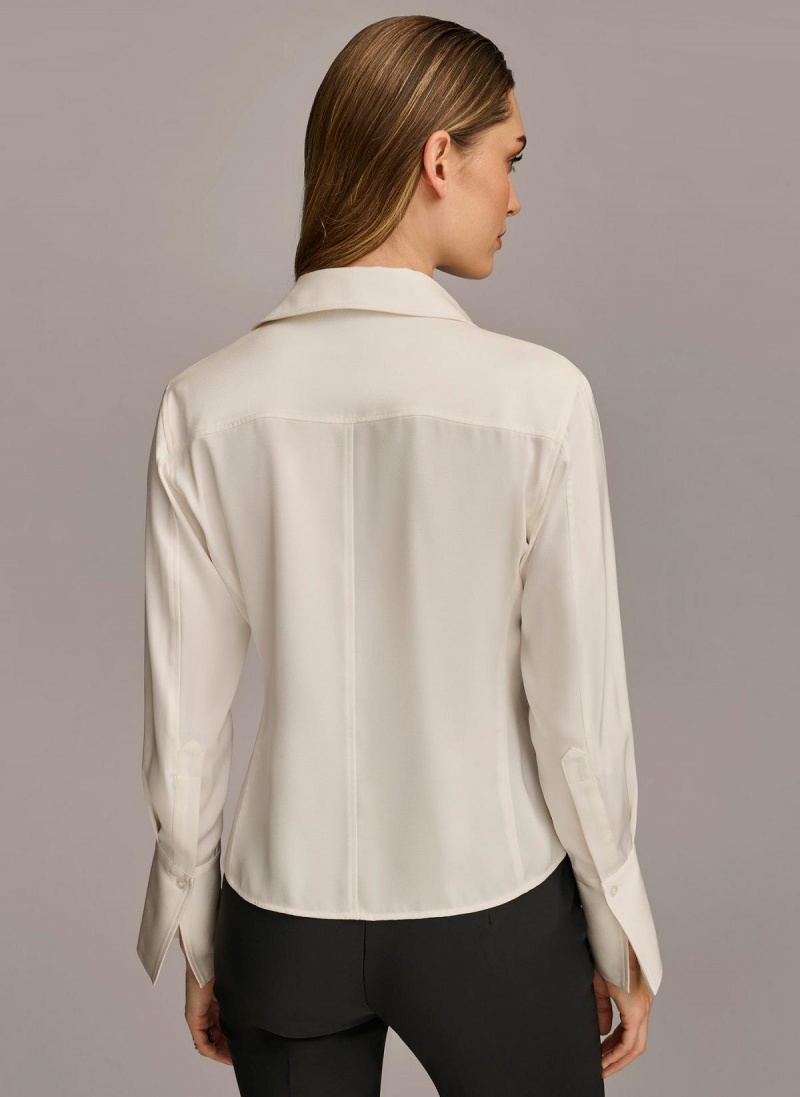 Cream Donna Karan Collared Button Down Blouse Sweaters and Tops | SG_DK50671