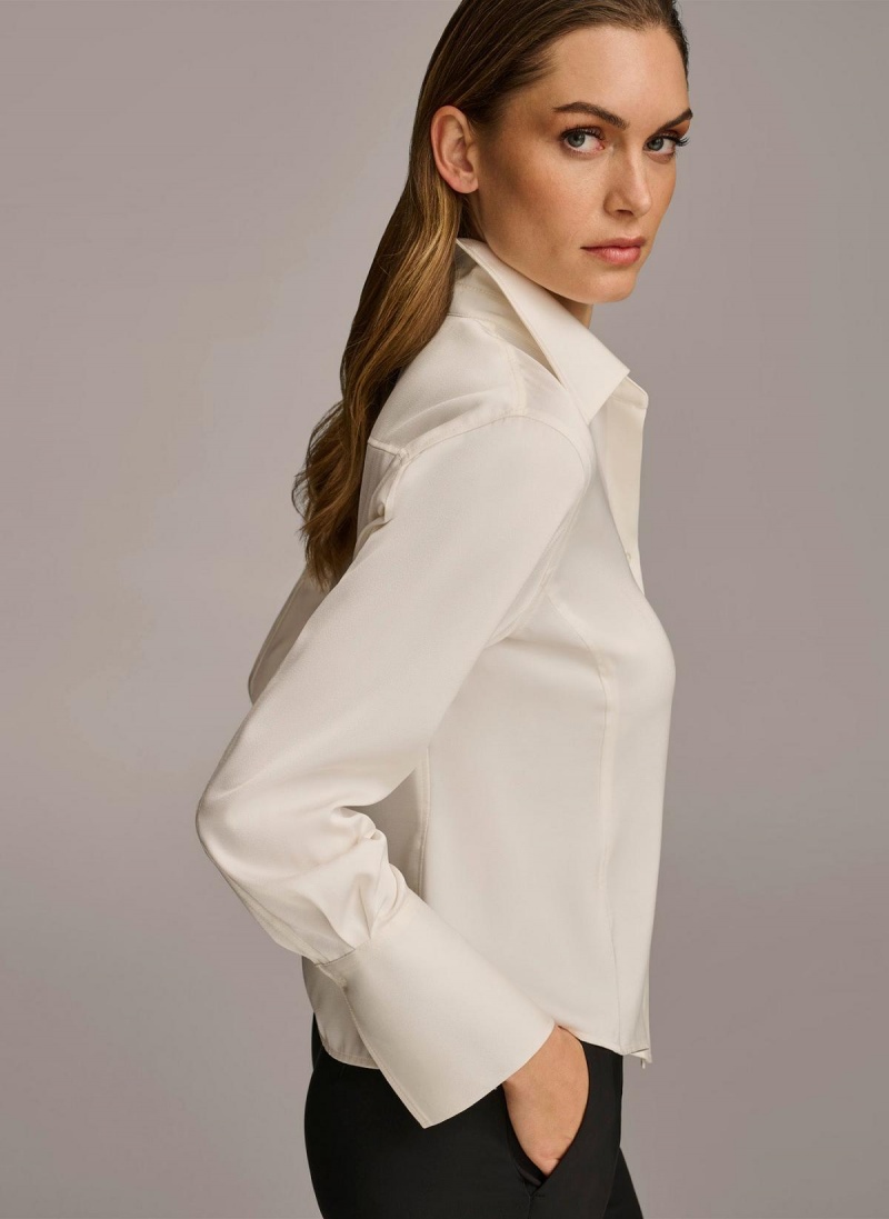 Cream Donna Karan Collared Button Down Blouse Sweaters and Tops | SG_DK50671