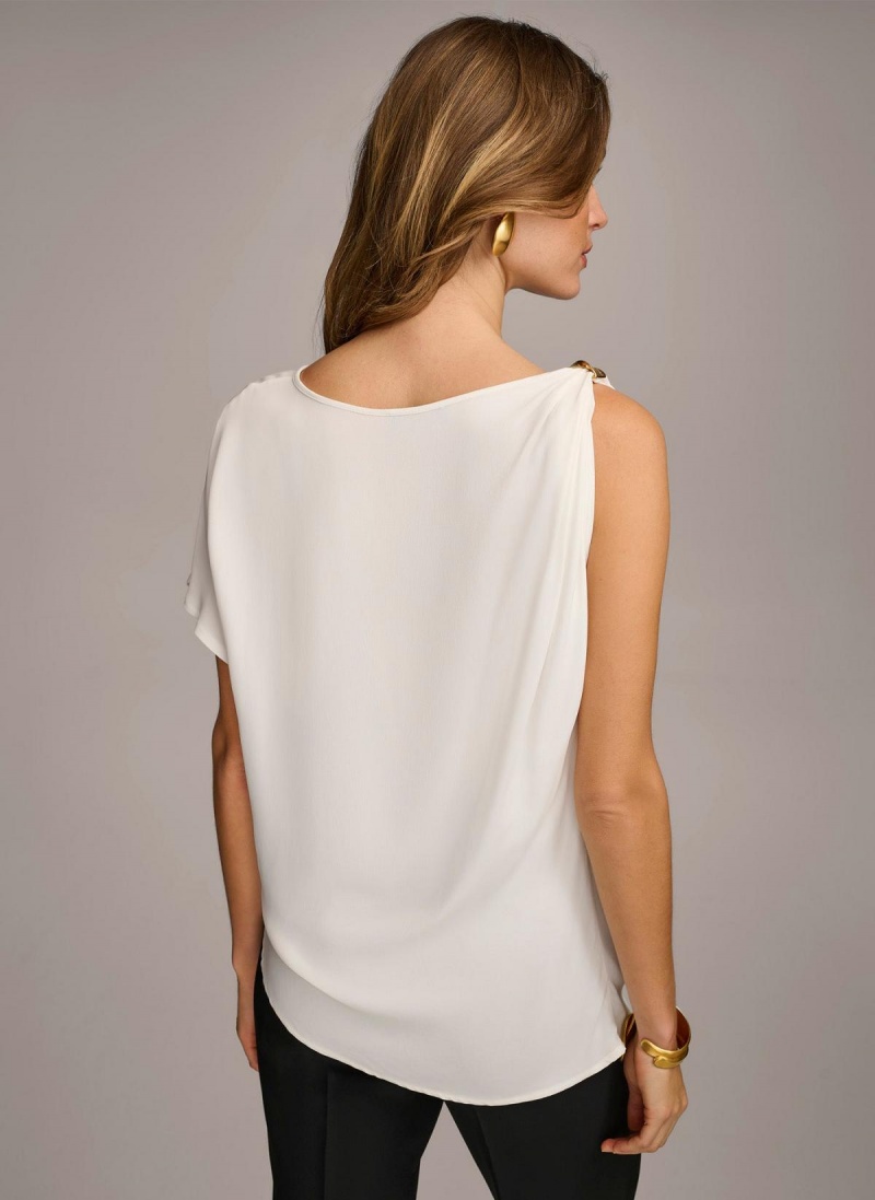 Cream Donna Karan Gathered Hardware Shoulder Sweaters and Tops | SG_DK33252