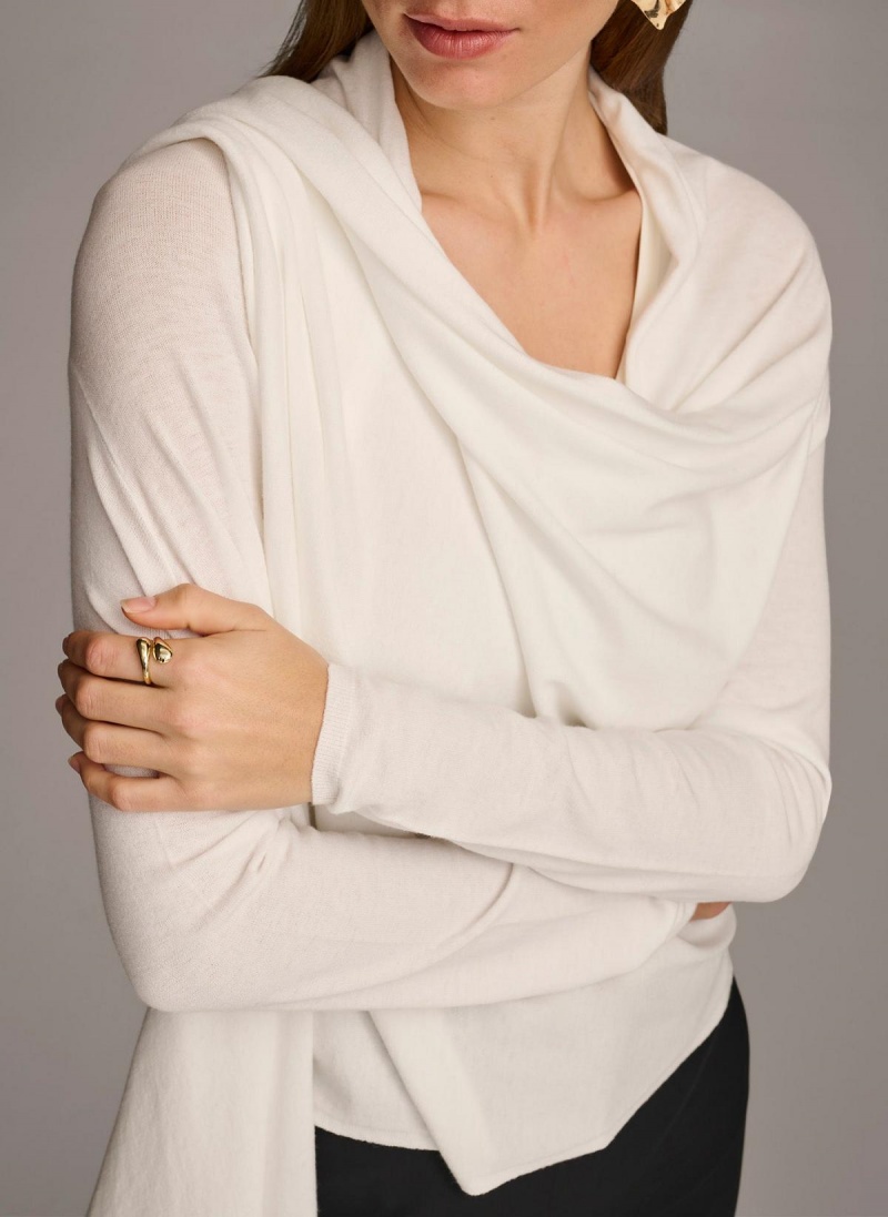 Cream Donna Karan Long Sleeve Drape Cardigan Sweaters and Tops | SG_DK61521