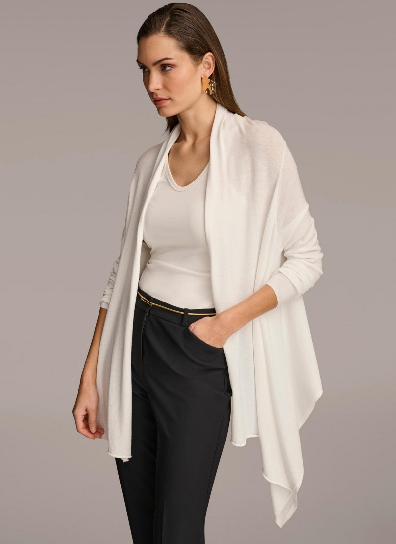 Cream Donna Karan Long Sleeve Drape Cardigan Sweaters and Tops | SG_DK61521