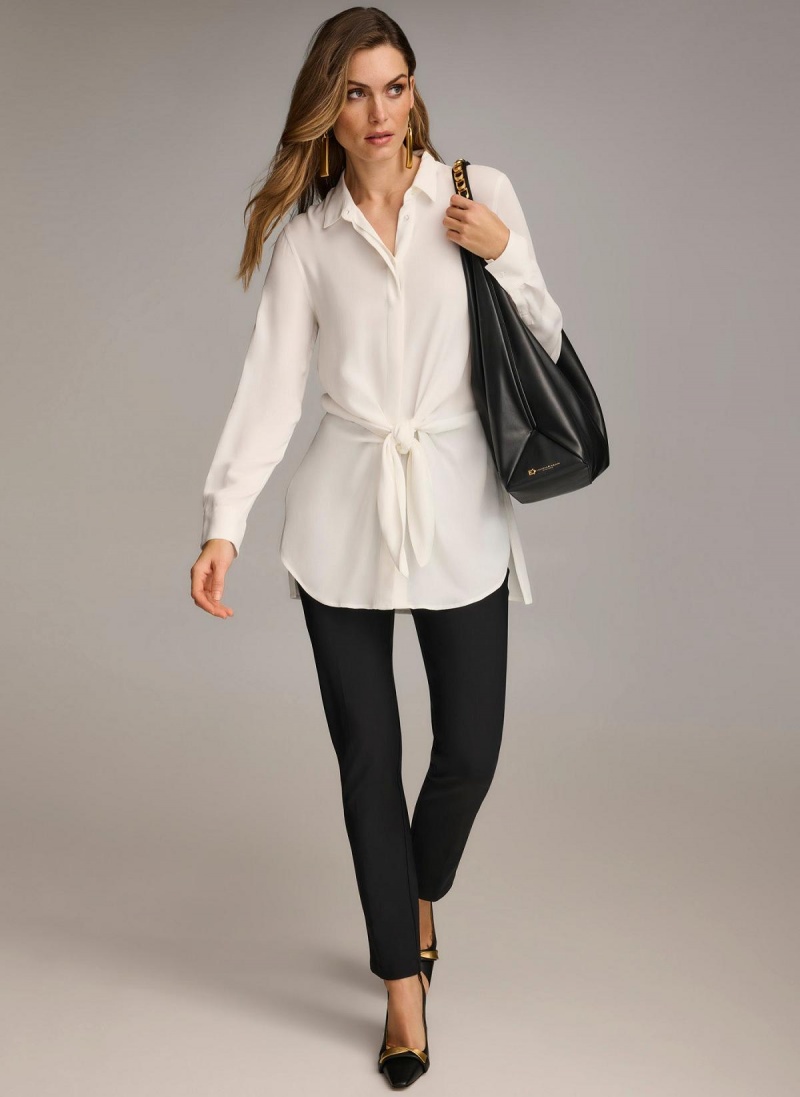 Cream Donna Karan Long Sleeve High-low With Tie At Waist Sweaters and Tops | SG_DK64273