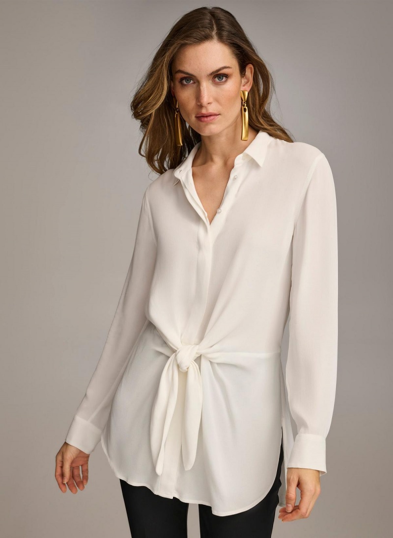 Cream Donna Karan Long Sleeve High-low With Tie At Waist Sweaters and Tops | SG_DK64273